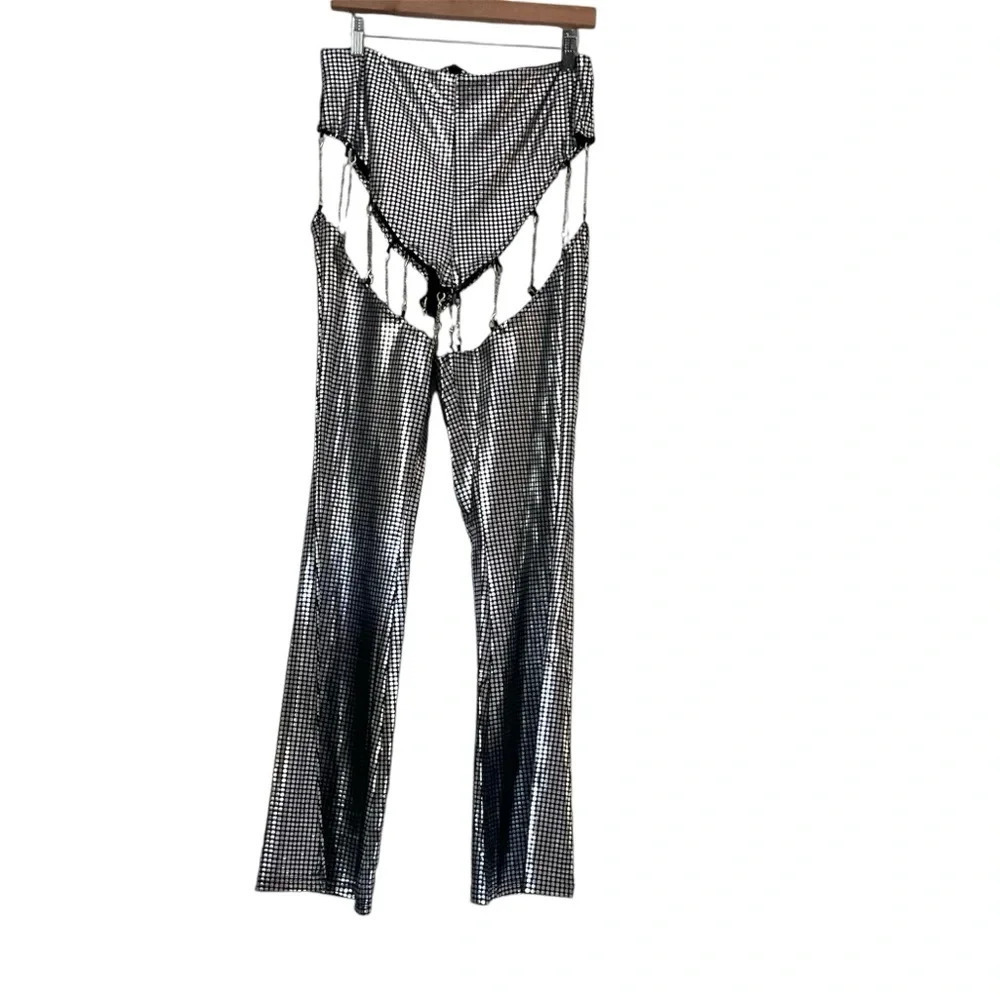 Finesse Sadie Cut-Out Metallic Silver Flare Pants Disco Chains Sz M Burning Man